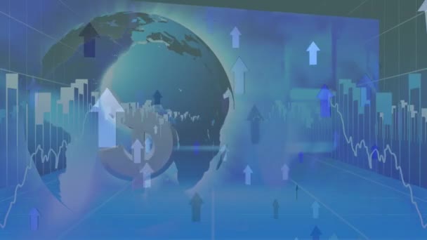 Animation Arrows Pointing Globe Charts Global Market Blue Background — Stock Video