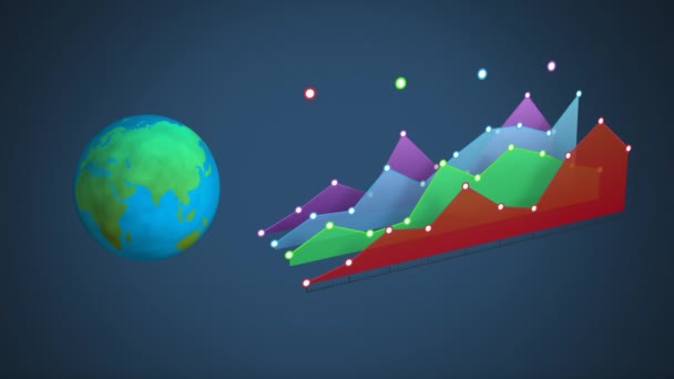 Animace Vytváření Barevných Grafů Mizení Zatímco Zeměkoule Pomalu Otáčí Pozadí — Stock video