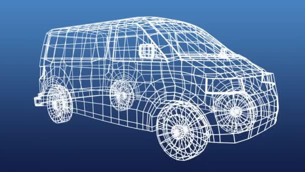 Animatie Van Witte Technische Tekening Van Busje Met Draaiwielen Een — Stockvideo