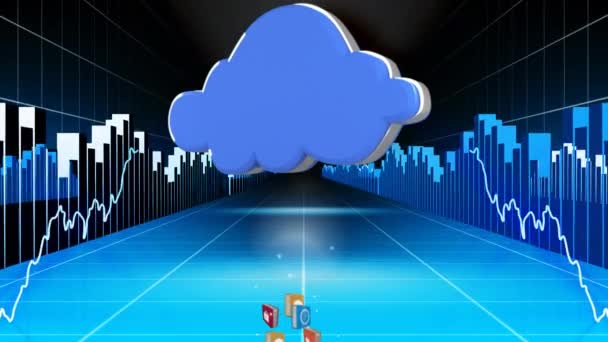 Animación Cajas Colores Con Iconos Ellos Elevándose Una Nube Azul — Vídeos de Stock