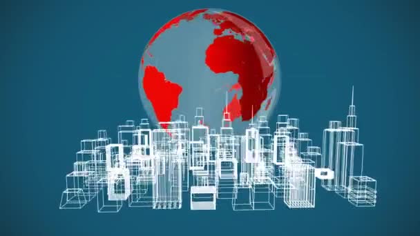 Animation Spinning White Graphic Modern City Globe Countries Red Blue — Stock Video