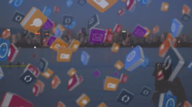 Şehir manzarası ve nehir ve insanların kürek bir arka plan üzerinde simgeler ile yüzen renkli küpler Animasyon