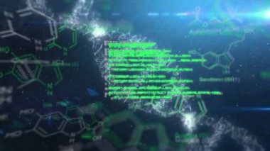 Dna sarkaçlarının ve kimyasal yapıların parlayan hologramının dijital animasyonu. Yeşil metindeki kodlar ön plandadır. Arka plan, yıldızların olduğu dış uzay ve sağ üst köşede parlayan bir ışık..