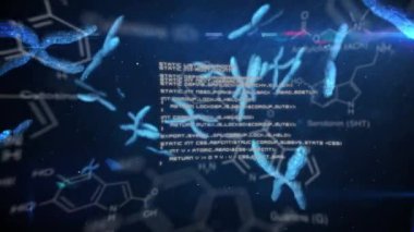 Ön planda görünen beyaz metin ve verilerle koyu bir arka plan üzerinde yüzen mavi renkli kromozomların çoğaltılamaz animasyonu
