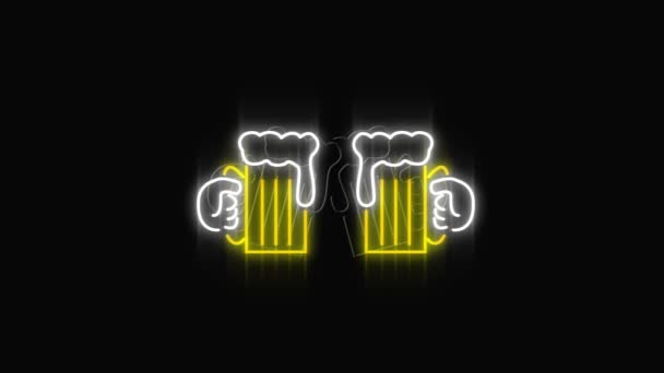 Animación Letrero Neón Mostrando Vasos Cerveza Chinking Sobre Fondo Negro — Vídeos de Stock