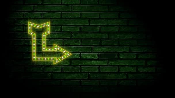 Animation Neon Sign Showing Arrow Dark Brick Wall — Stock Video