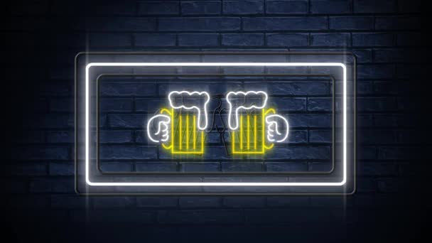 霓虹灯标志的动画显示在暗砖背景上闪烁的啤酒杯 — 图库视频影像