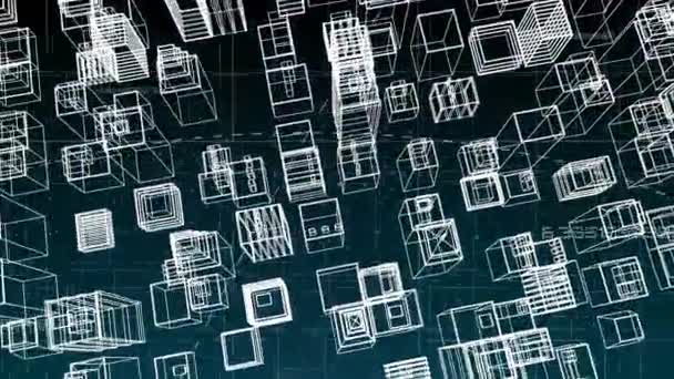 Animation Moving Technical Drawing City Buildings Seen Grid Black Background — Stock Video