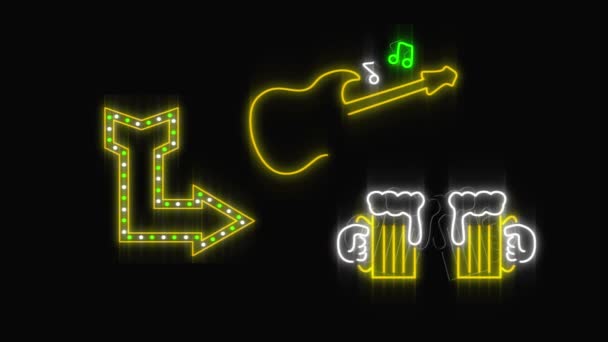 亮引导灯标志的酒吧数字动画 标志是一把吉他 上面有音乐笔记 有杯子敬酒 右边是一个箭头 背景为黑色 — 图库视频影像
