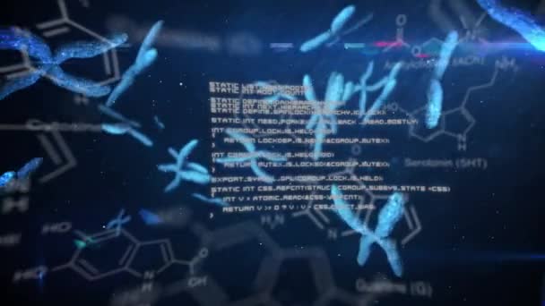 暗い背景に浮かぶ青色の染色染色体を再現するアニメーションで 白いテキストと前景にデータが表示されます — ストック動画