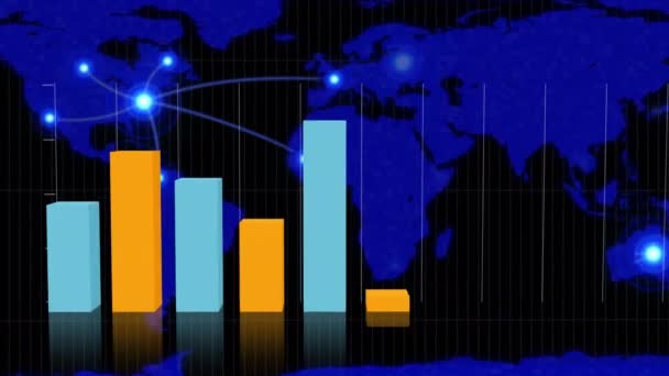 Digitální Animace Oranžových Modrých Pruhových Grafů Stoupá Pozadí Mapa Světa — Stock video