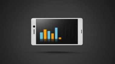 Ekranında çubuk grafikleri olan akıllı telefonun dijital animasyonu. Arka plan siyah