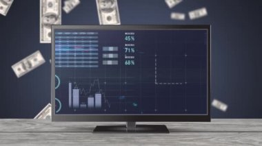 Grafik ve istatistiklerin dijital animasyonu televizyon ekranında sola hareket eder. Televizyon düşen dolar banknotları ile dolu bir arka plan ile bir masada