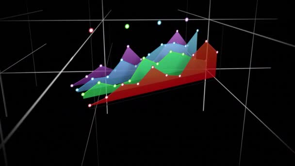 異なる色の線グラフのデジタル アニメーション グラフは グリッド線で暗い空間を移動しています — ストック動画