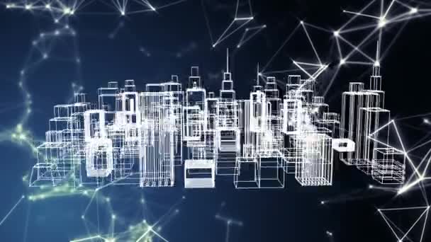 Yüksek Binalarile Bir Şehir Yapısının Dijital Animasyon Tüm Yapı Parlayan — Stok video