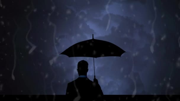 Digital Animation Silhouette Man Holding Umbrella While Watching Stormy Sky — Stock Video