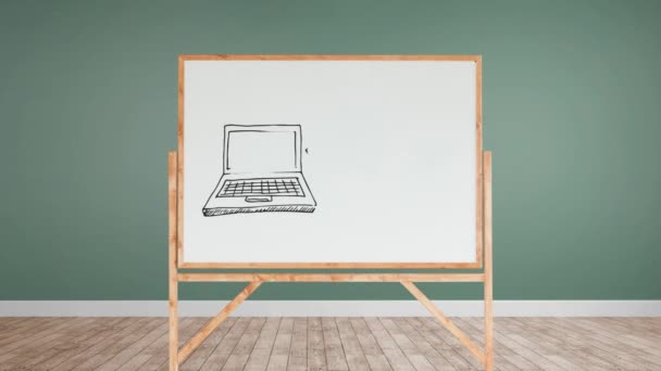 Digital Animation White Board Empty Room Drawing Two Laptops Drawing — Stock Video