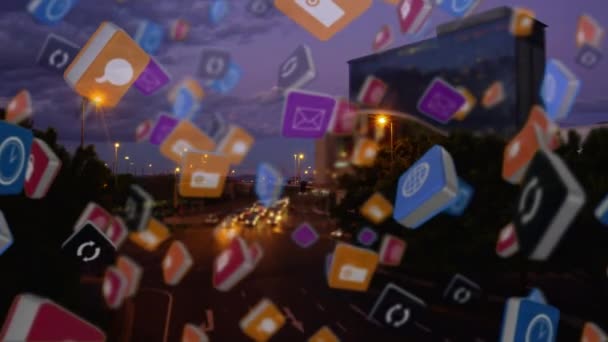 앞으로 인터넷 기호의 디지털 애니메이션 배경은 도시를 떠나는 고속도로의 경우보기입니다 — 비디오