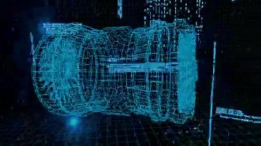 3d türbin modelinin dijital animasyonu. Arka plan arayüz kodları ile doludur