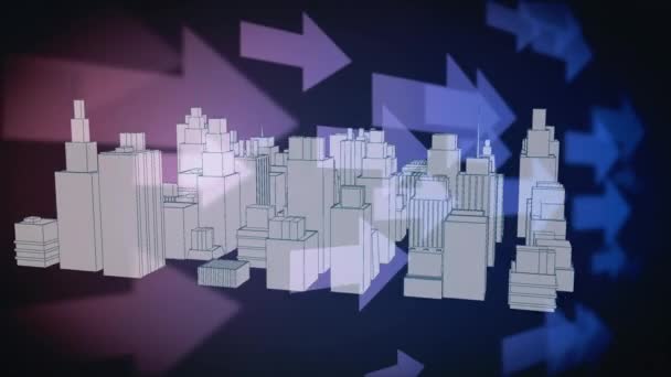 城市数字白色模型的数字动画 当模型缓慢旋转时 白色箭头向右移动 — 图库视频影像