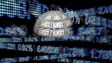 Dolar banknotlarının dijital animasyonu bir küreye dönüştü. Arka plan, arka plandan geçen yüzdeler ve sayılarla doludur