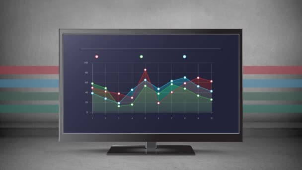 Цифровая Анимация Телевизора Линейными Графиками Экране Фон Серая Стена Полосами — стоковое видео