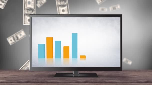 Digitale Animatie Van Staafdiagrammen Een Televisiescherm Achtergrond Gevuld Met Dollar — Stockvideo