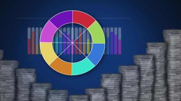 Цифрова Анімація Колеса Різними Кольорами Задньому Плані Барні Графи Монети — стокове відео