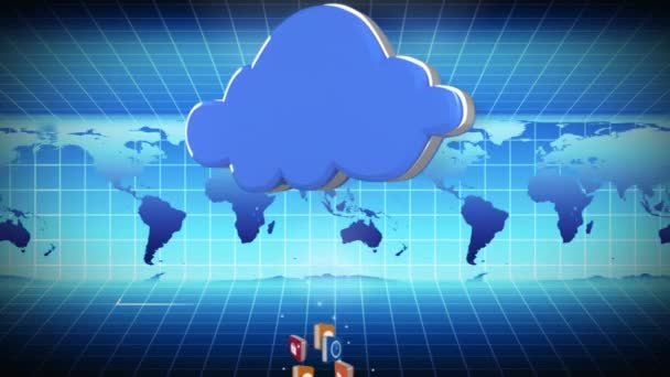 Цифровая Анимация Облака Поглощающего Данные Карта Мира Перемещается Фону Сетке — стоковое видео