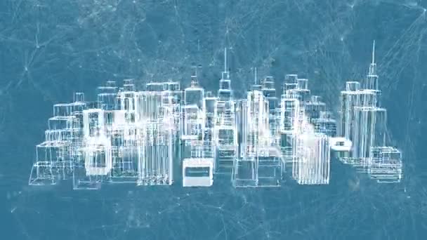 Bir Şehir Yapısının Dönen Modelinin Dijital Animasyonu Bağlı Hatlar Noktalar — Stok video
