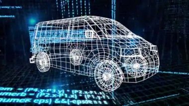 Bir mini van bir 3d modeli dijital animasyon. Arka plan arayüz kodları ile doludur