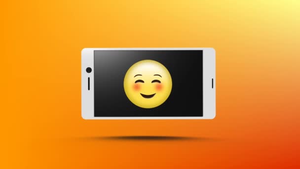 Animación Digital Smartphone Con Emoji Sonriente Pantalla Fondo Amarillo — Vídeo de stock