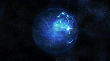 Tüm dünyaya yayılan mavi ışık iplikleri ile bir dünyanın dijital animasyon. Ön planda sonunu okuyan bir film mesajı var..