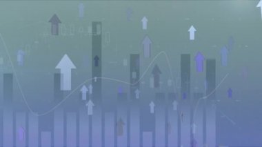 Yukarı doğru hareket eden okların dijital animasyonu. Grafikler ve istatistikler arka planda sola doğru hareket eden ekrana geçiyor