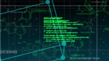 Çizgilerden yapılmış geometrik bir karenin dijital animasyonu. Arka planda moleküler yapılar ve arayüz kodları ile ızgara çizgileri vardır