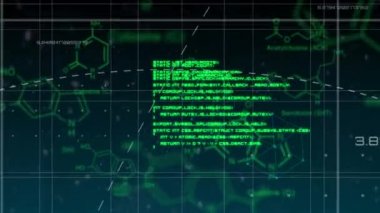 Arayüz kodlarının dijital animasyonu. Arka planda moleküler yapılar ve geometrik şekiller vardır.