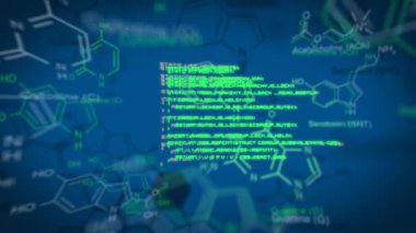 Ekran boyunca hareket eden arayüz kodlarının dijital animasyonu. Arka plan moleküler yapıları ile mavi