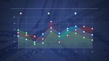 Görünen ve kaybolan çizgi grafiklerinin dijital animasyonu. Arka plan dolar banknotlarının yakın çekim kadar pilling olduğunu