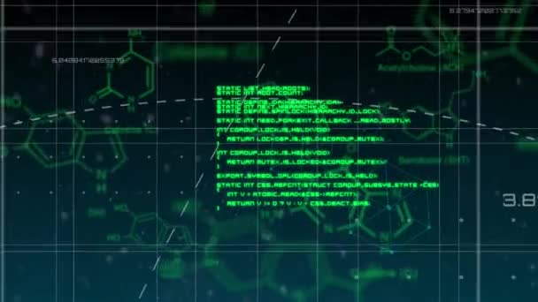 接口代码的数字动画 背景有分子结构和几何形状 — 图库视频影像