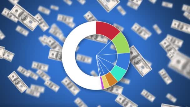 Цифровая Анимация Цветного Колеса Фон Синий Летающими Долларовыми Купюрами — стоковое видео