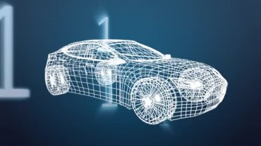 Bir spor araba 3d modeli dijital animasyon. Arka plan ikili kodlarla doludur