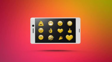 Bir akıllı telefon ekranında emojis dijital animasyon, Arka plan degrade sarı ve pembe renklere sahiptir. Emojiler sosyal medyada yer alıyor