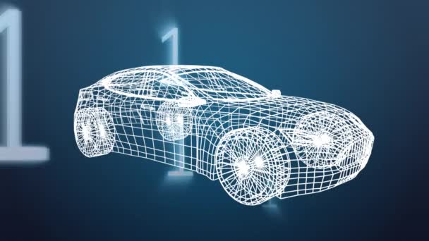 スポーツカーの3Dモデルのデジタルアニメーション 背景はバイナリコードで満たされています — ストック動画