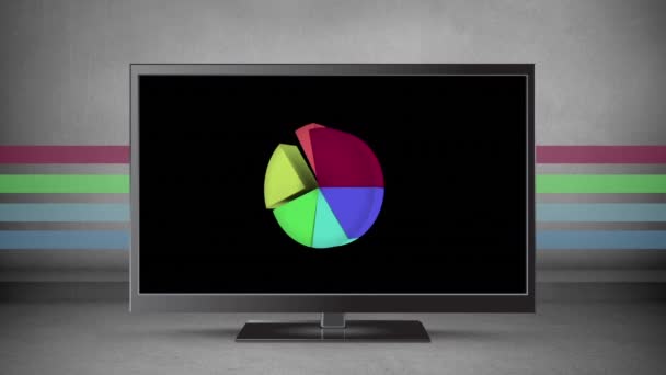 平板电视的数字动画 屏幕上有图形 背景是灰色的 有五颜六色的条纹 — 图库视频影像