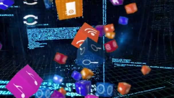 Digitální Animace Internetových Symbolů Krychlích Pozadí Zaplněno Kódy Rozhraní Pohybujícími — Stock video