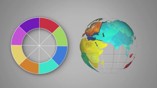 A színes kerék digitális animációja forgó földgömb mellett. Térképek a világon különböző színeket a színkör