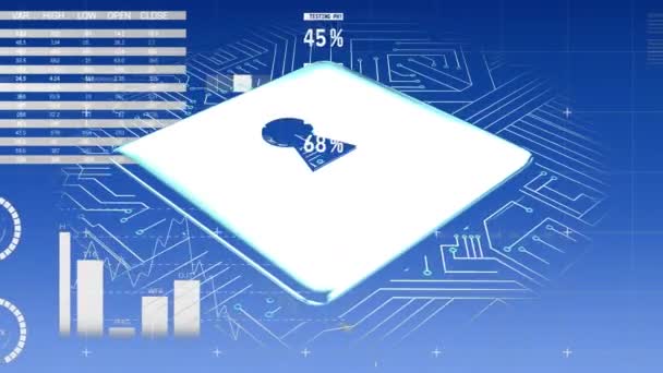 Digital Animation Digital Pad Lock Moving Circuit Board Graphs Statistics — Stock Video