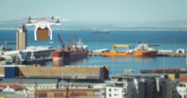 Animazione Digitale Drone Bianco Che Trasporta Una Scatola Marrone Mentre — Video Stock