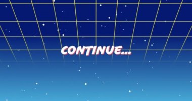 Beyaz bir Continue işaretinin dijital animasyonu ekranda yakınlaştırma yaparken arka planda yeşil kare yukarı doğru hareket eden anaçizgiler ve galaxy 4k