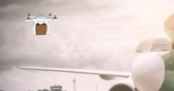 Цифровая Анимация Белого Дрона Несущего Коробку Зависающую Рядом Самолетом Фоне — стоковое видео